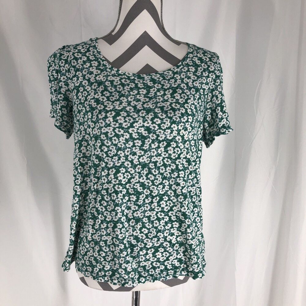 Lucky Brand Women's Floral Scoop Neck Short Sleeve T-Shirt Green White Medium